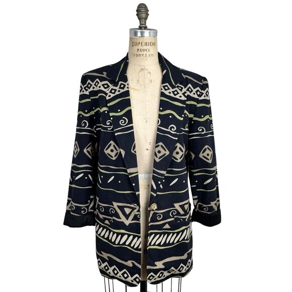 Vintage Rafaella Blazer Womens 8 Black Linen Cotton Southwestern Aztec Artsy 90s - Picture 1 of 16